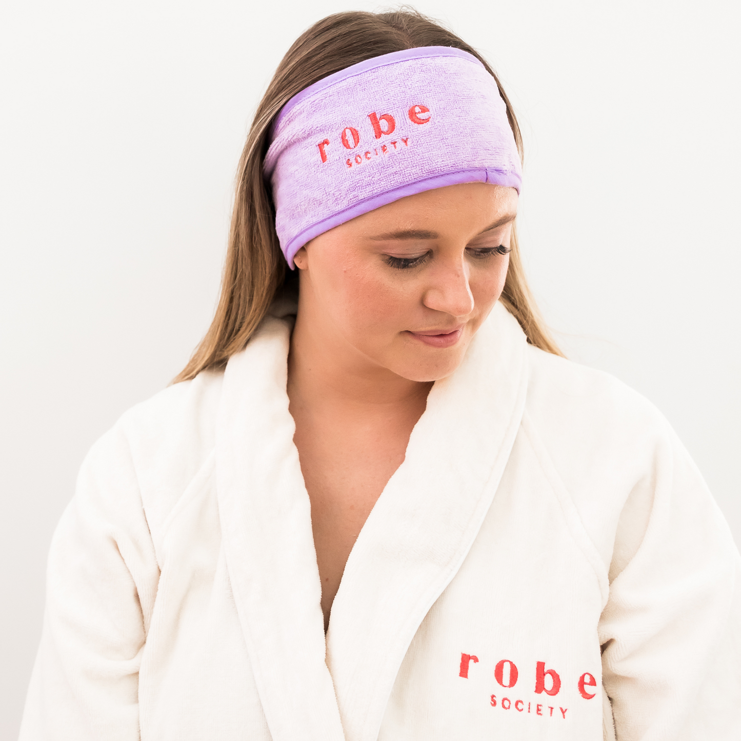 model in bathrobe and spa head towel - Robe Society